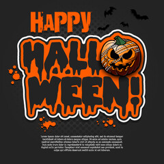 Logo Happy Halloween. Cricket ball as pumpkin