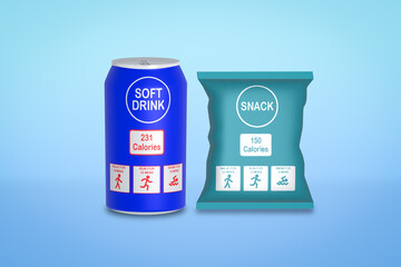 Information labels on soft drink can and snack packet showing the amount of exercise, walking, running and swimming, needed to burn off the calories, physical activity calorie equivalent concept.