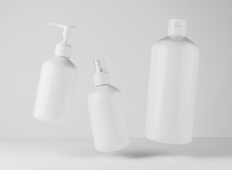 Three different white plastic bottles for hair and body care products 3D render, set of floating cosmetic containers on gray studio background, packaging mockup