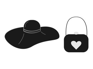 Stylized women Wide-brimmed hat and handbag with heart in trendy black and gray shades. Isolate. EPS