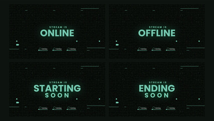 Stream Overlay Package Design. Green neon glowing stream starting or stream ending vector illustration