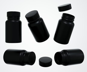 Medical black plastic jar with cap 3D render, commercial product mock-up, several views pharmacy container realistic template, vitamin bottle