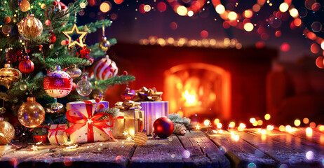 Gift Under Christmas Tree With Ornament In Interior With Fireplace And Abstract Defocused Lights - 541337032