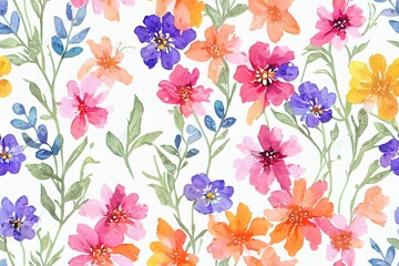 Hand painted multicolor watercolor allover seamless pattern with spring flowers and plants in repeat