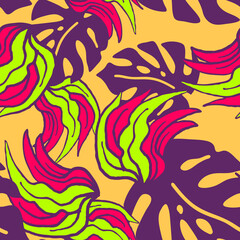 Nature seamless pattern with hand drawn twig, tree branch with leaves, tropical forest, summer time. Ecological rural theme for poster print, wrapping paper, wallpaper, clothes textile, fabric design.