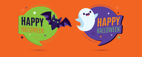 Happy Halloween Green and Purple Sign. Bat and Spooky Ghost Colorful Halloween Set. Halloween Banner on Purple Background