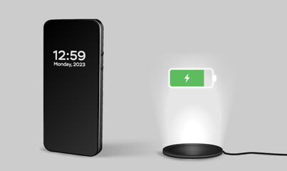 Phone charge. Mobile cell phone charge battery from wireless smart charger. Modern technology, portable fast charger.