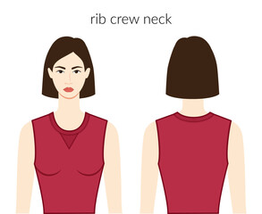 Rib crew neckline clothes knits, sweaters character beautiful lady in burgundy top, shirt, dress technical fashion illustration with fitted body. Flat apparel template. Women, men unisex CAD mockup