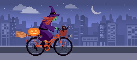 Ugly witch riding a bicycle at night