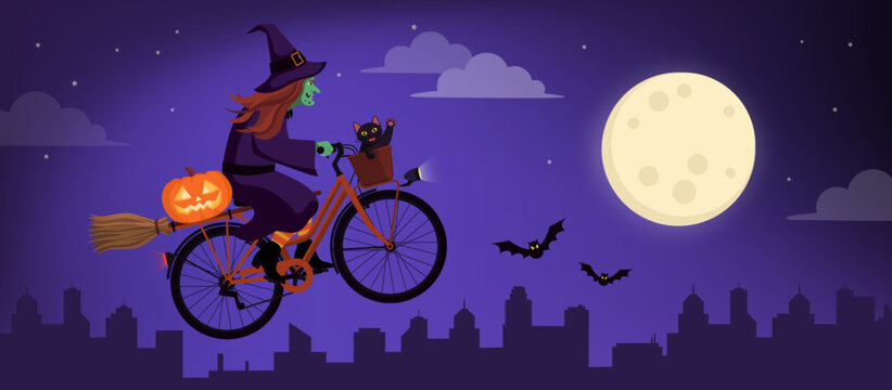 Witch riding a bicycle and flying in the sky