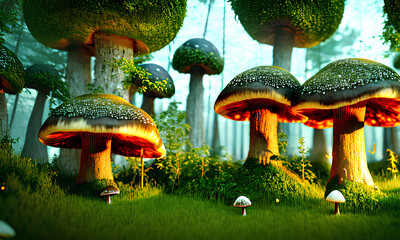 Giant mushrooms in the magical forest background. 3D illustration