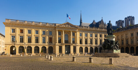 Place Royale with bronze statue of king Louis XV of France. Reims, Grand Est region.