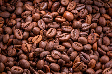 Texture of roasted coffee beans, Aroma coffee beans for background.