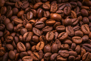 Texture of roasted coffee beans, Aroma coffee beans for background.