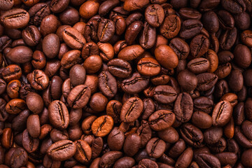 Texture of roasted coffee beans, Aroma coffee beans for background.