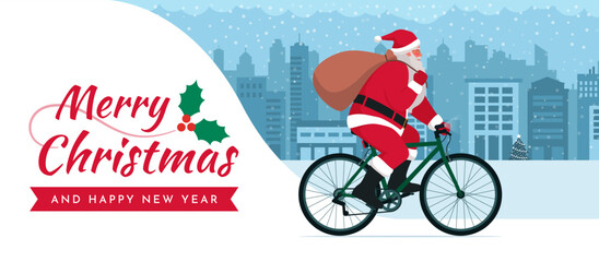Eco-friendly Santa Claus riding a bicycle