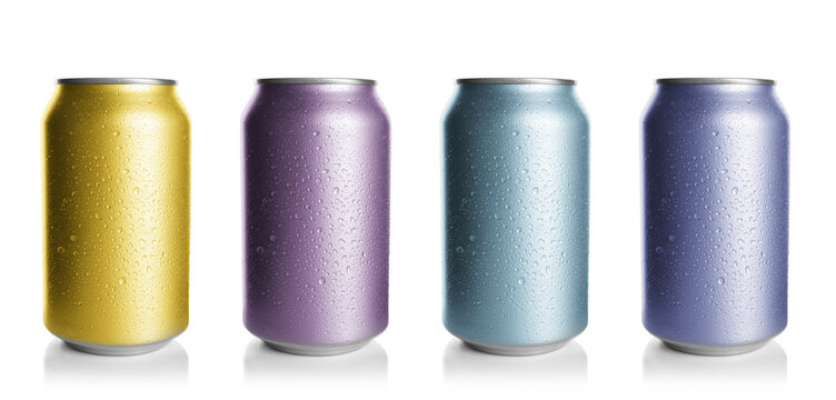Set with different colorful aluminium cans of beverage on white background. Banner design