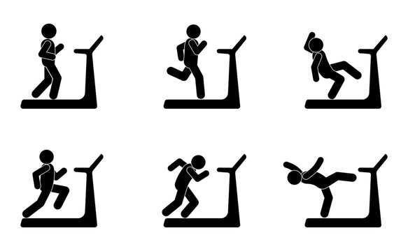 runner icon set, man running on treadmill, stick figure human silhouette, run pictogram isolated