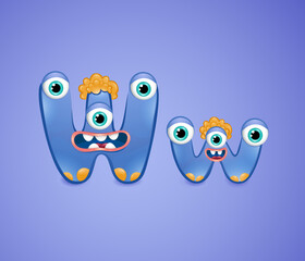 Monster alphabet letter W on purple background. Colourful ABC of cute monsters . Vector illustration