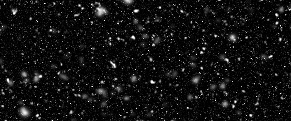 Different realistic falling snow or snowflakes. Falling snow isolated on black background. Winter snowfall illustration. Bokeh lights on black background, flying snowflakes in the air. Snow at night.