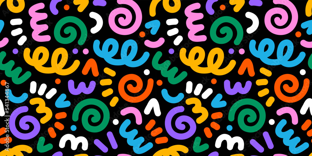 Poster Fun colorful line doodle seamless pattern. Creative minimalist style art background for children or trendy design with basic shapes. Simple childish scribble backdrop.