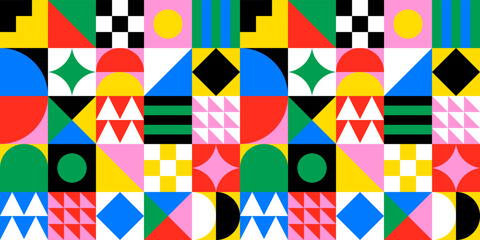 Colorful geometric shape mosaic illustration. Trendy scandinavian style seamless pattern, fun shapes, creative geometry concept design.