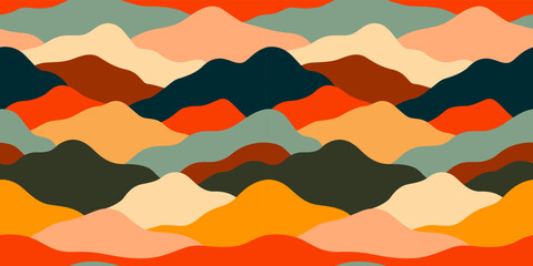 Colorful mountain landscape seamless pattern illustration. Abstract hill nature background print in vintage colors. Panoramic travel backdrop, multicolor outdoor texture concept.