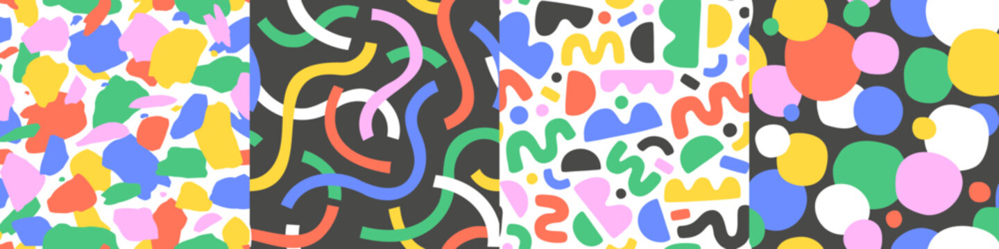 Fun colorful seamless pattern collection. Creative minimalist style art background for children or trendy design with basic shapes. Simple childish doodle backdrop set.