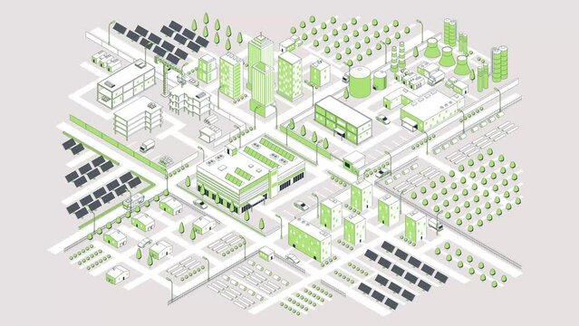 Modern Megapolis Isometric Map concept. Moving banner with city plan with industrial, central and residential zones. Cityscape with houses, skyscrapers, factory and road. 3D graphic animated cartoon