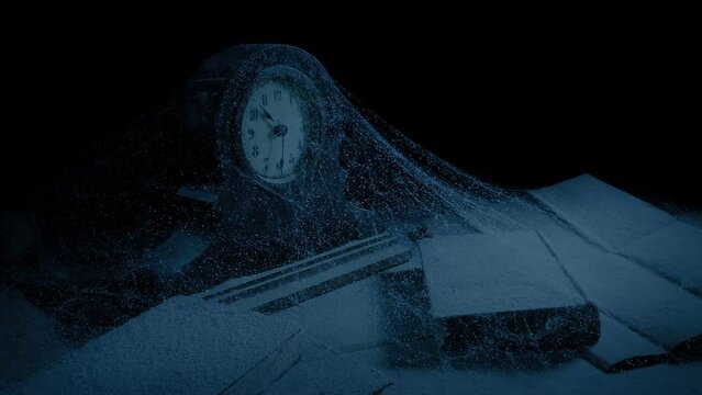 Clock And Books In Dark Attic Under Cobwebs