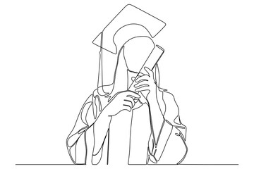 continuous line drawing of graduate students wearing cap and gown