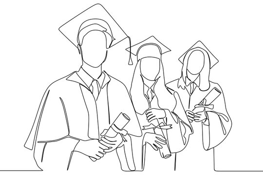 continuous line drawing of graduate students wearing cap and gown