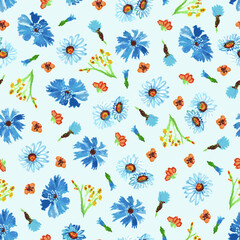 seamless pattern on blue background chamomile flowers