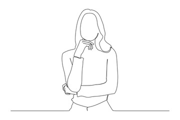 continuous line drawing of thinking woman standing isolated