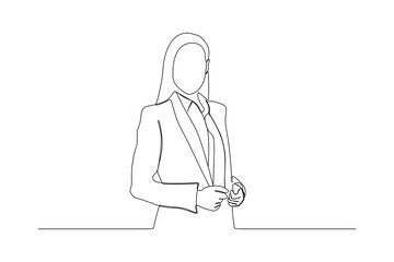 Continuous line drawing of smiling blonde business woman - obrazy, fototapety, plakaty
