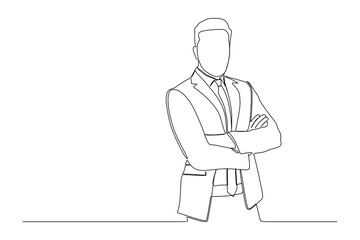 Continuous line drawing of confident young businessman in suit standing with arms folded