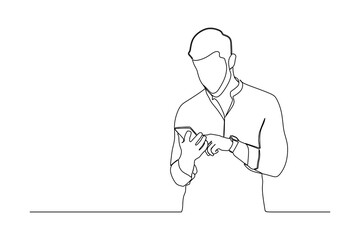 continuous line drawing portrait of a smiling man holding a mobile phone