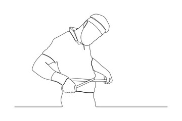 continuous line drawing of portrait of a sports man measuring his waist with tape