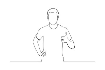 continuous line drawing of cheerful young sports man posing showing thumbs up gesture