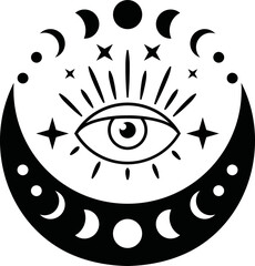 Side moon with moon phases and central third eye.
