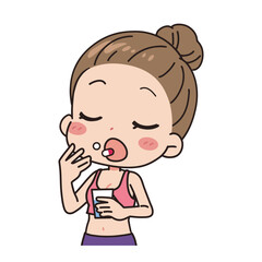 Illustration of a woman taking medicine, upper body.