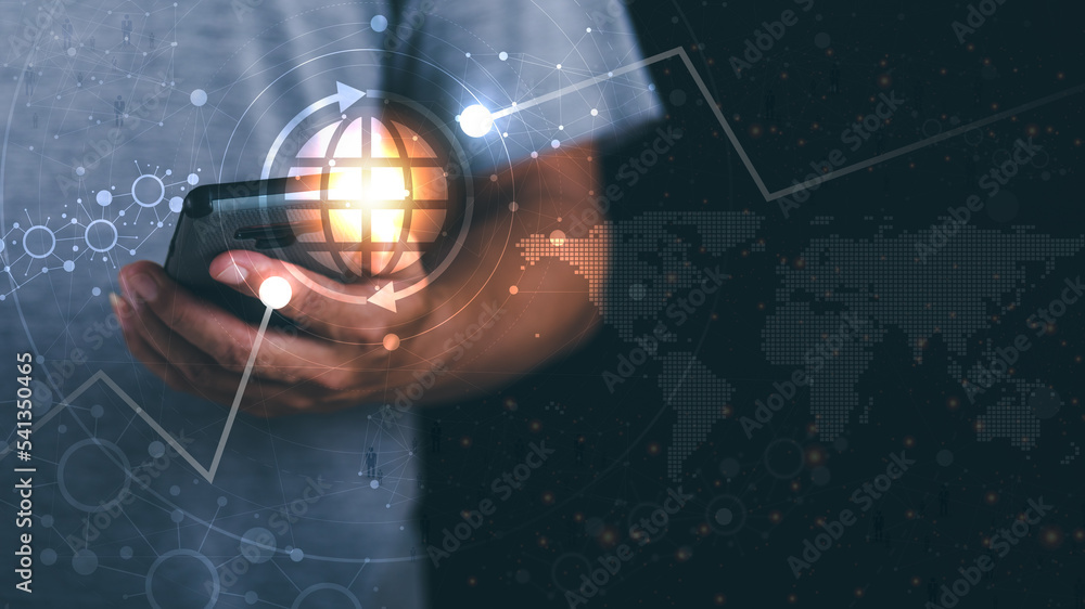 Wall mural smartphone in man's hand , concept cyberspace technology and digital database connected to the netwo