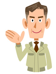 右手で案内する作業着を着た年配男性の上半身
