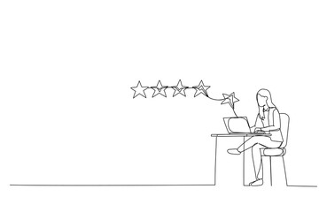 Cartoon of businesswoman with computer give review to increase rate. Single continuous line art style