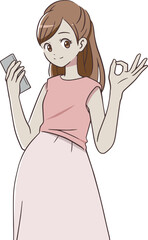 スマートフォンを持ち、OKマークをつくる妊婦