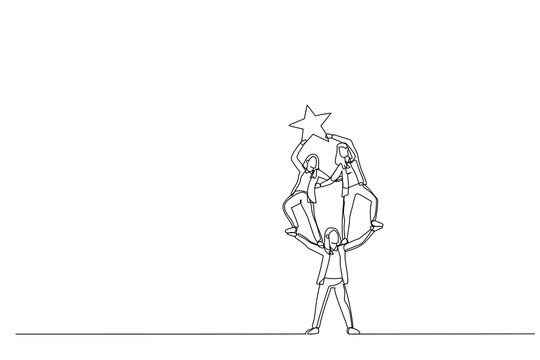Cartoon of businesswoman help and support his team can climb up and reach the star. Single continuous line art style