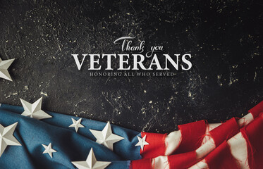 Thank you veterans, November 11, honoring all who served, posters, greeting card for veterans day, american flag on stone background - obrazy, fototapety, plakaty