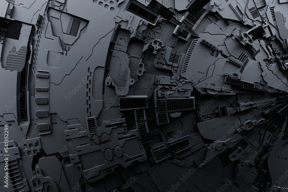 Poster 3d illustration of the close up of the black cyber armor on neon lights. abstract graphics in the st