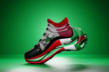 Colorful yellow sneakers with the national  flag of the Syria  on the sole. The concept of bright trendy sneakers, 3D rendering.