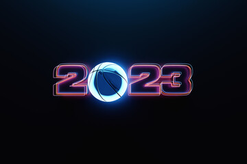 3d illustration of  design happy new year 2023  and classic  blue  basketball ball. Sport happy new year  banner